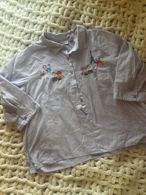 Breckenridge Blue & White Striped Embroidered Button-Front Shirt